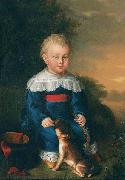 Portrait of a young boy with toy gun and dog unknow artist